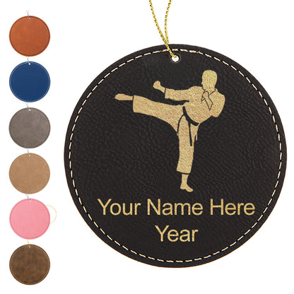 LaserGram Christmas Ornament, Karate Man, Personalized Engraving Included (Faux Leather, Round Shape)