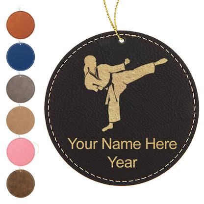 LaserGram Christmas Ornament, Karate Woman, Personalized Engraving Included (Faux Leather, Round Shape)