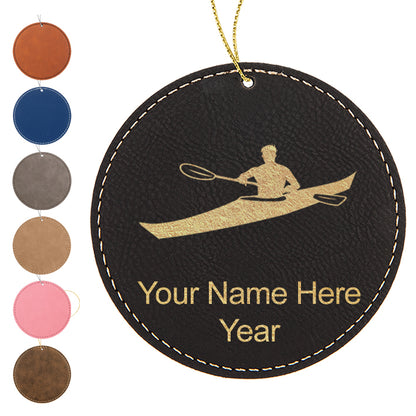 LaserGram Christmas Ornament, Kayak Man, Personalized Engraving Included (Faux Leather, Round Shape)