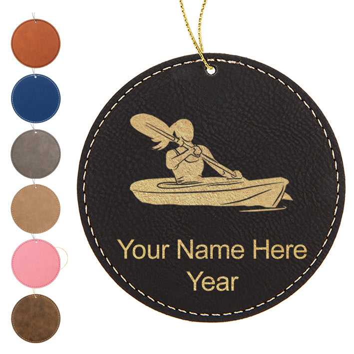 LaserGram Christmas Ornament, Kayak Woman, Personalized Engraving Included (Faux Leather, Round Shape)