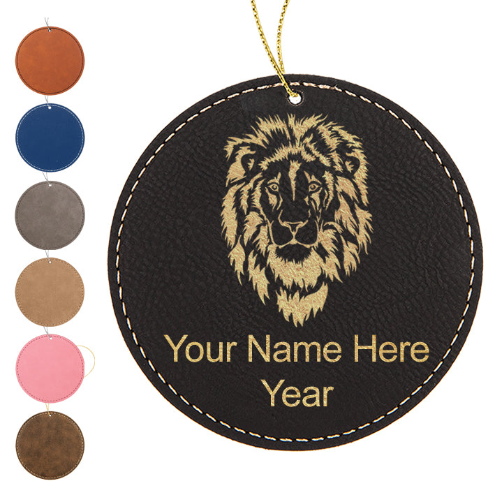 LaserGram Christmas Ornament, Lion Head, Personalized Engraving Included (Faux Leather, Round Shape)