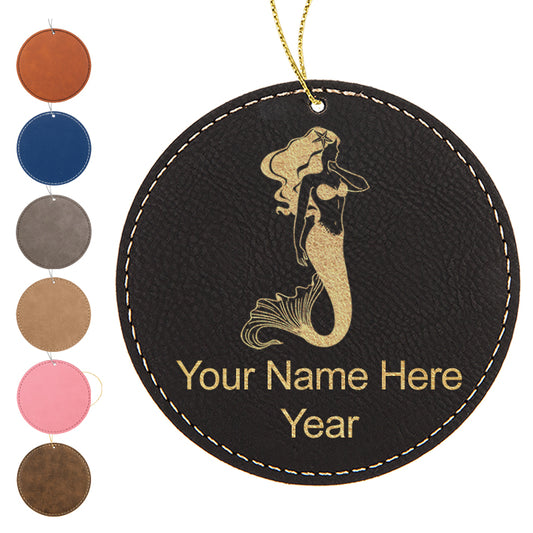 LaserGram Christmas Ornament, Mermaid, Personalized Engraving Included (Faux Leather, Round Shape)