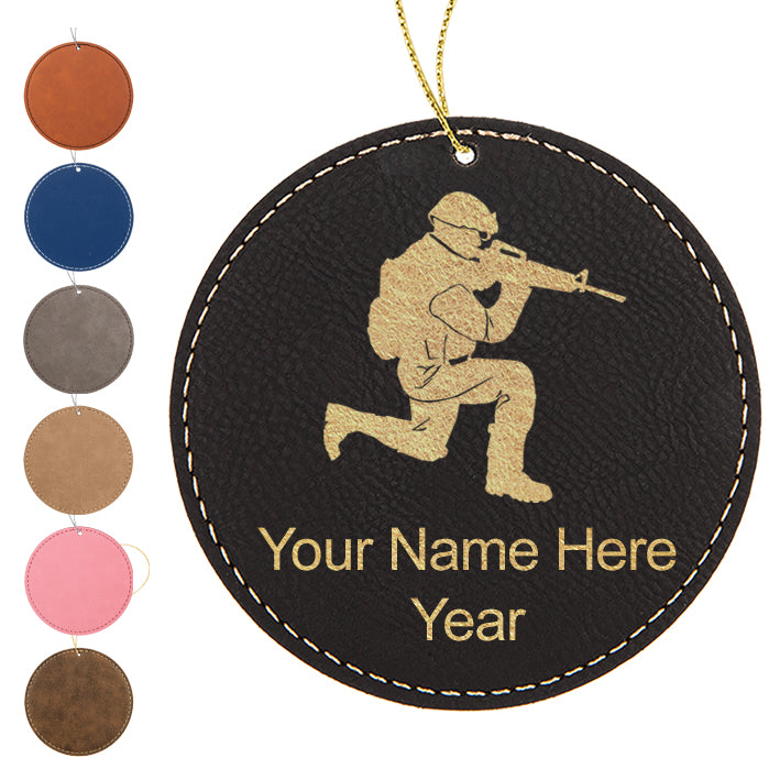 LaserGram Christmas Ornament, Military Soldier, Personalized Engraving Included (Faux Leather, Round Shape)