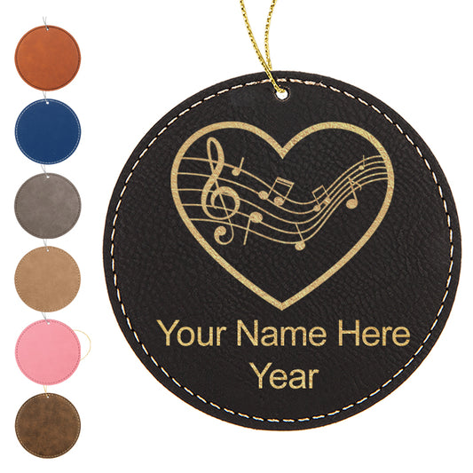 LaserGram Christmas Ornament, Music Staff Heart, Personalized Engraving Included (Faux Leather, Round Shape)