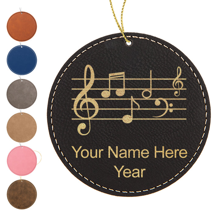 LaserGram Christmas Ornament, Music Staff, Personalized Engraving Included (Faux Leather, Round Shape)