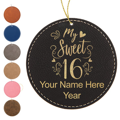 LaserGram Christmas Ornament, My Sweet 16, Personalized Engraving Included (Faux Leather, Round Shape)