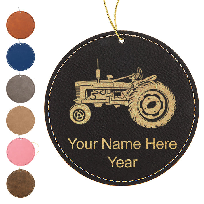 LaserGram Christmas Ornament, Old Farm Tractor, Personalized Engraving Included (Faux Leather, Round Shape)