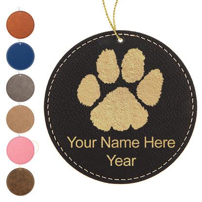 LaserGram Christmas Ornament, Paw Print, Personalized Engraving Included (Faux Leather, Round Shape)