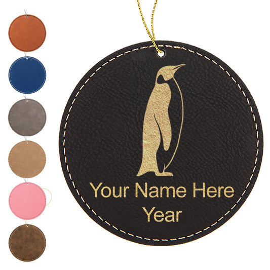 LaserGram Christmas Ornament, Penguin, Personalized Engraving Included (Faux Leather, Round Shape)