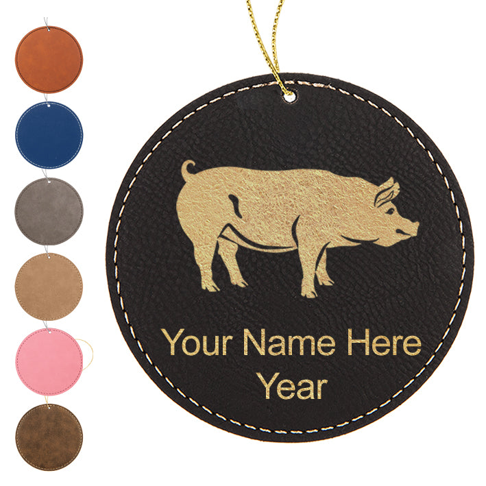 LaserGram Christmas Ornament, Pig, Personalized Engraving Included (Faux Leather, Round Shape)