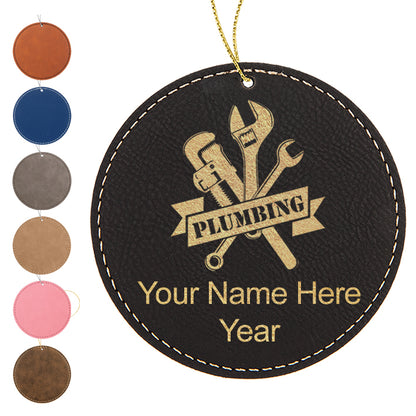 LaserGram Christmas Ornament, Plumbing, Personalized Engraving Included (Faux Leather, Round Shape)