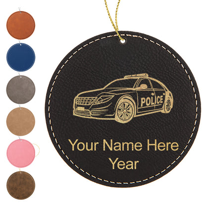 LaserGram Christmas Ornament, Police Car, Personalized Engraving Included (Faux Leather, Round Shape)