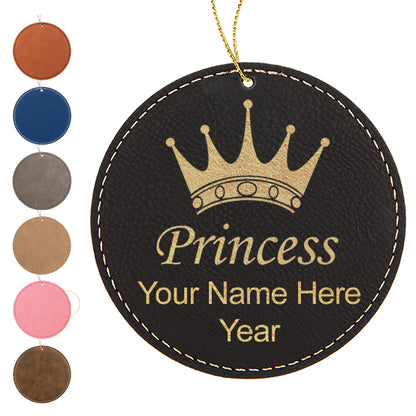 LaserGram Christmas Ornament, Princess Crown, Personalized Engraving Included (Faux Leather, Round Shape)