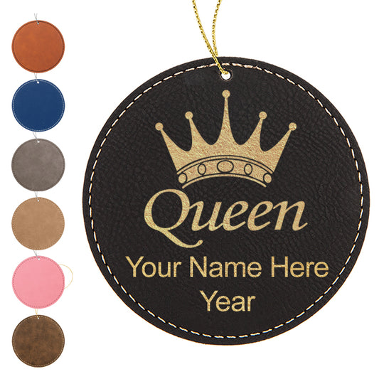 LaserGram Christmas Ornament, Queen Crown, Personalized Engraving Included (Faux Leather, Round Shape)