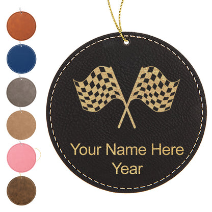 LaserGram Christmas Ornament, Racing Flags, Personalized Engraving Included (Faux Leather, Round Shape)