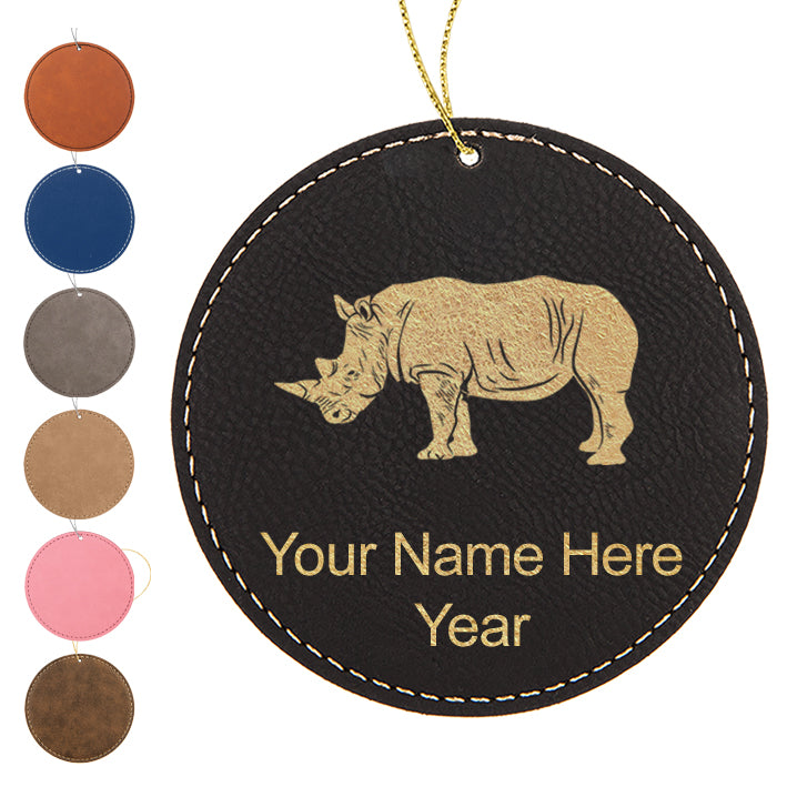 LaserGram Christmas Ornament, Rhinoceros, Personalized Engraving Included (Faux Leather, Round Shape)