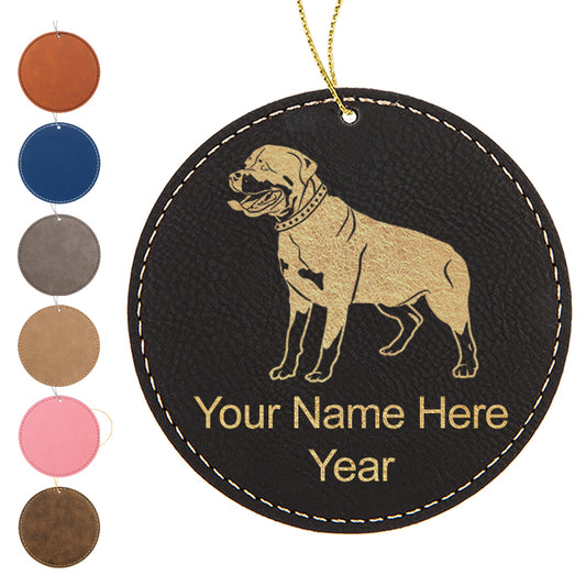 LaserGram Christmas Ornament, Rottweiler Dog, Personalized Engraving Included (Faux Leather, Round Shape)