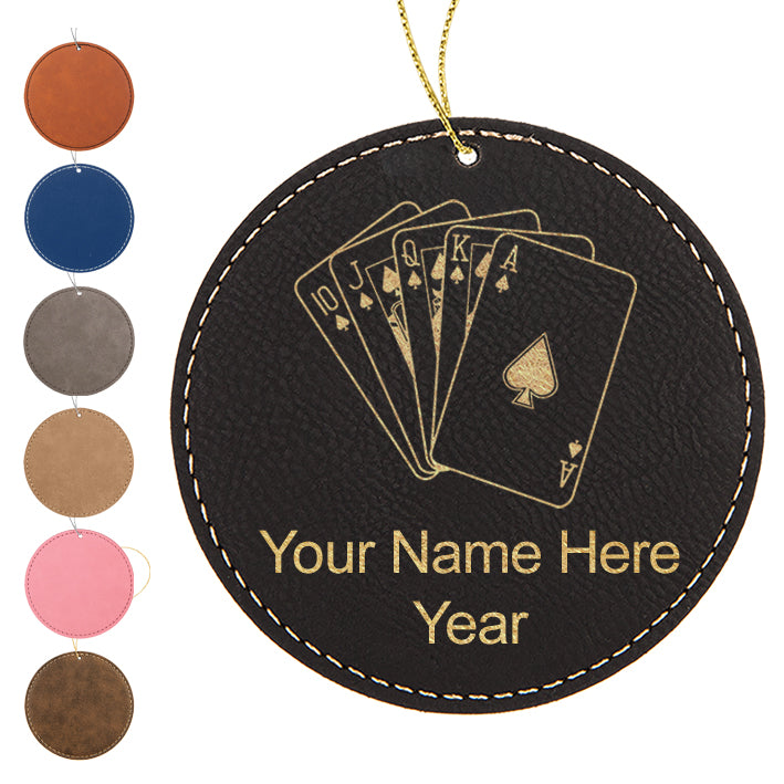 LaserGram Christmas Ornament, Royal Flush Poker Cards, Personalized Engraving Included (Faux Leather, Round Shape)