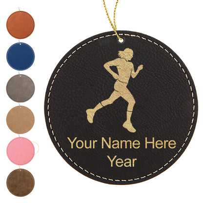 LaserGram Christmas Ornament, Running Woman, Personalized Engraving Included (Faux Leather, Round Shape)