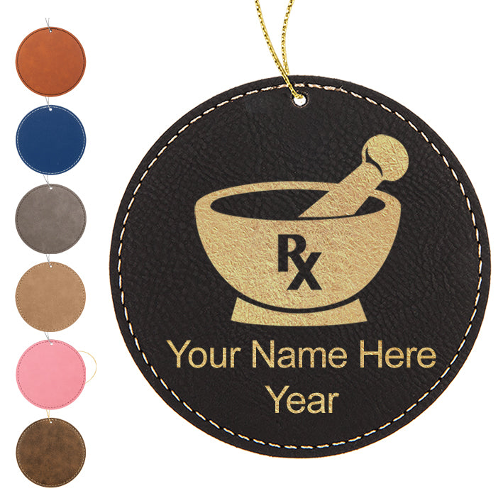 LaserGram Christmas Ornament, Rx Pharmacy Symbol, Personalized Engraving Included (Faux Leather, Round Shape)