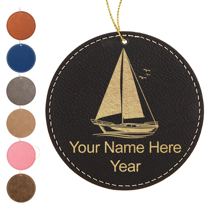 LaserGram Christmas Ornament, Sailboat, Personalized Engraving Included (Faux Leather, Round Shape)