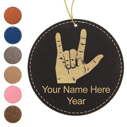 LaserGram Christmas Ornament, Sign Language I Love You, Personalized Engraving Included (Faux Leather, Round Shape)