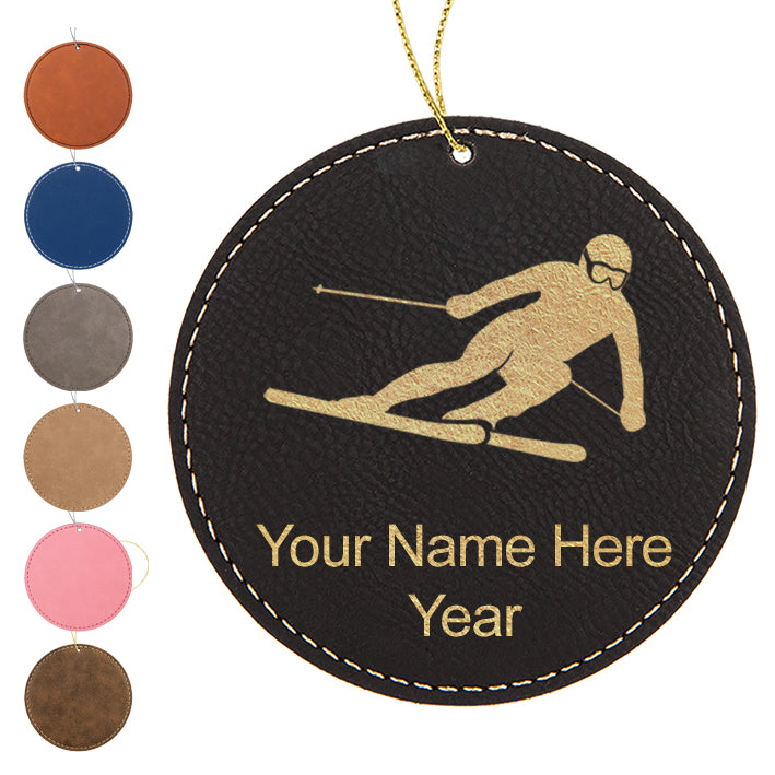 LaserGram Christmas Ornament, Skier Downhill, Personalized Engraving Included (Faux Leather, Round Shape)