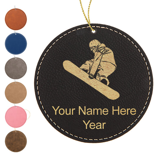 LaserGram Christmas Ornament, Snowboarder Man, Personalized Engraving Included (Faux Leather, Round Shape)