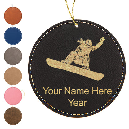 LaserGram Christmas Ornament, Snowboarder Woman, Personalized Engraving Included (Faux Leather, Round Shape)