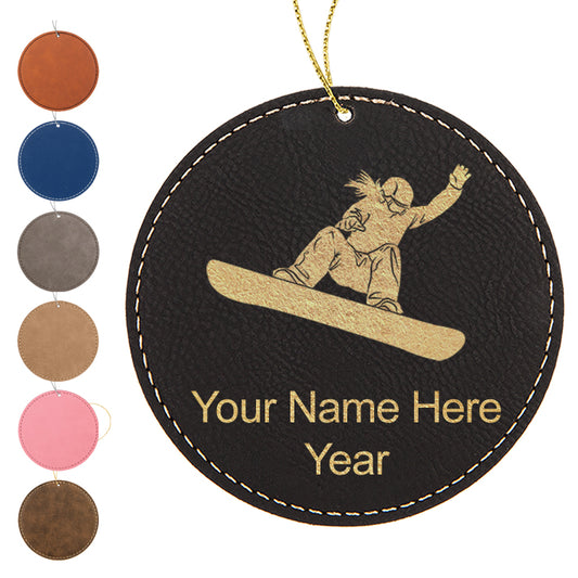 LaserGram Christmas Ornament, Snowboarder Woman, Personalized Engraving Included (Faux Leather, Round Shape)