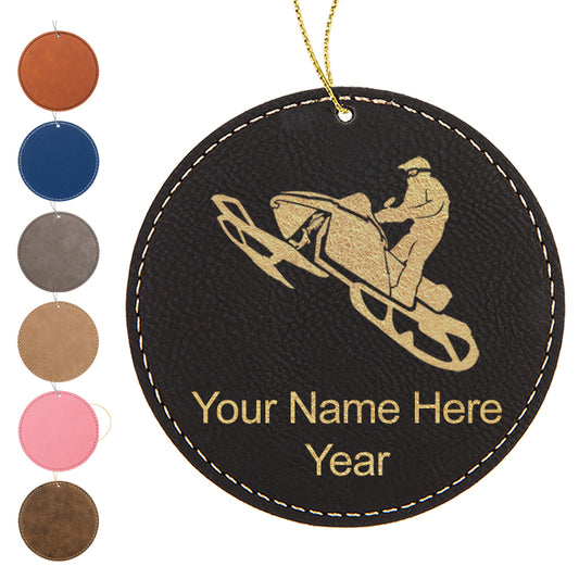 LaserGram Christmas Ornament, Snowmobile, Personalized Engraving Included (Faux Leather, Round Shape)