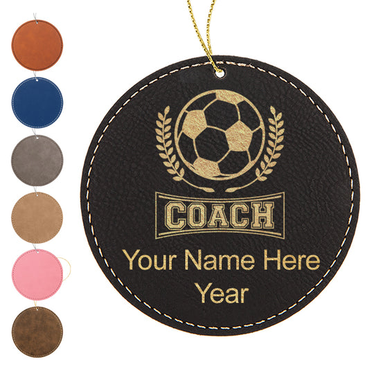 LaserGram Christmas Ornament, Soccer Coach, Personalized Engraving Included (Faux Leather, Round Shape)