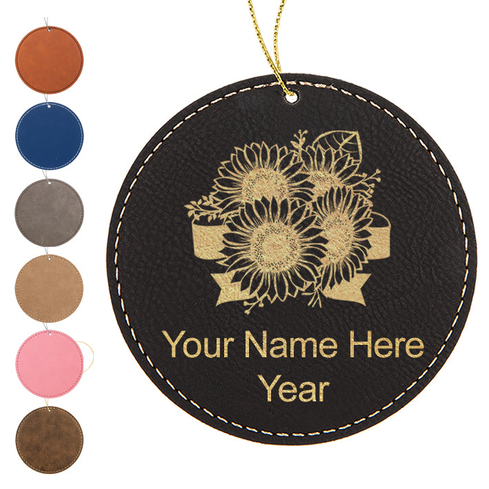 LaserGram Christmas Ornament, Sunflowers, Personalized Engraving Included (Faux Leather, Round Shape)