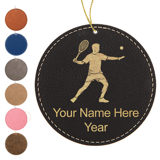 LaserGram Christmas Ornament, Tennis Player Man, Personalized Engraving Included (Faux Leather, Round Shape)