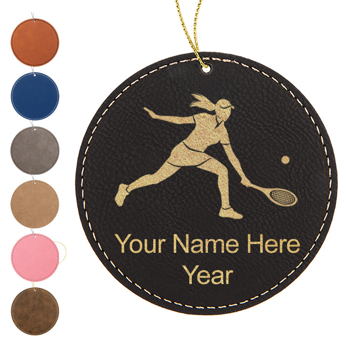 LaserGram Christmas Ornament, Tennis Player Woman, Personalized Engraving Included (Faux Leather, Round Shape)