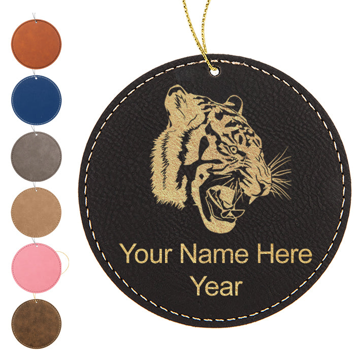 LaserGram Christmas Ornament, Tiger Head, Personalized Engraving Included (Faux Leather, Round Shape)