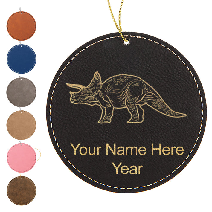 LaserGram Christmas Ornament, Triceratops Dinosaur, Personalized Engraving Included (Faux Leather, Round Shape)