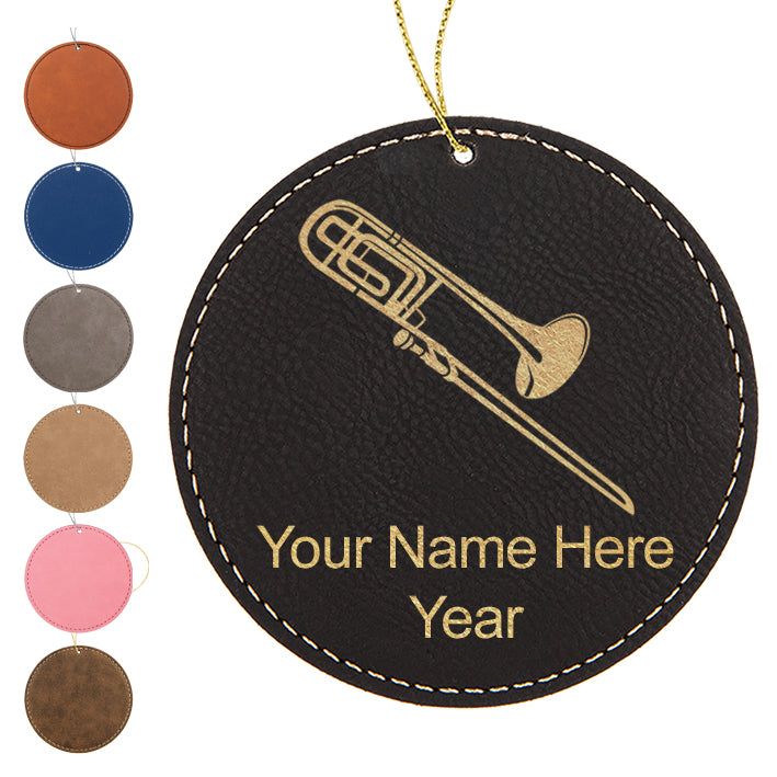 LaserGram Christmas Ornament, Trombone, Personalized Engraving Included (Faux Leather, Round Shape)