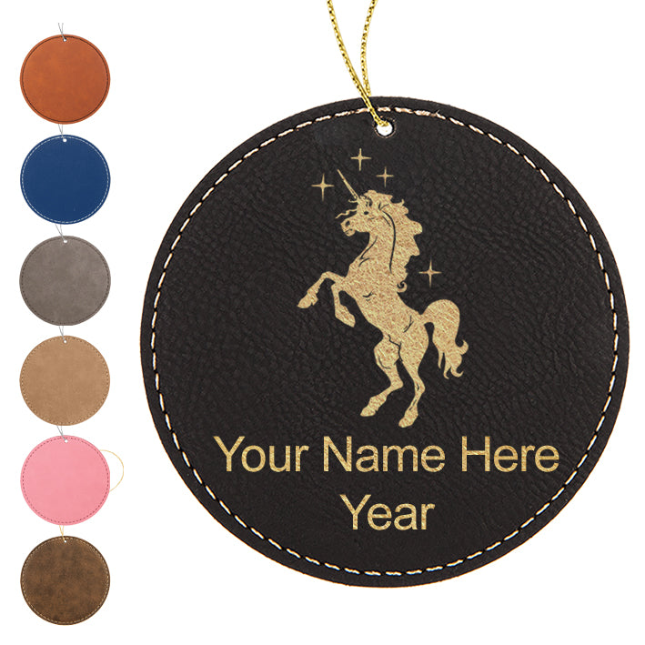 LaserGram Christmas Ornament, Unicorn, Personalized Engraving Included (Faux Leather, Round Shape)