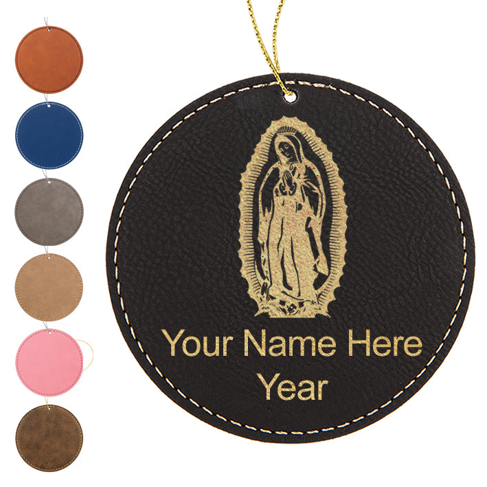 LaserGram Christmas Ornament, Virgen de Guadalupe, Personalized Engraving Included (Faux Leather, Round Shape)