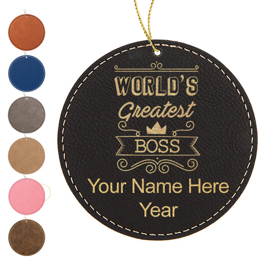 LaserGram Christmas Ornament, World's Greatest Boss, Personalized Engraving Included (Faux Leather, Round Shape)