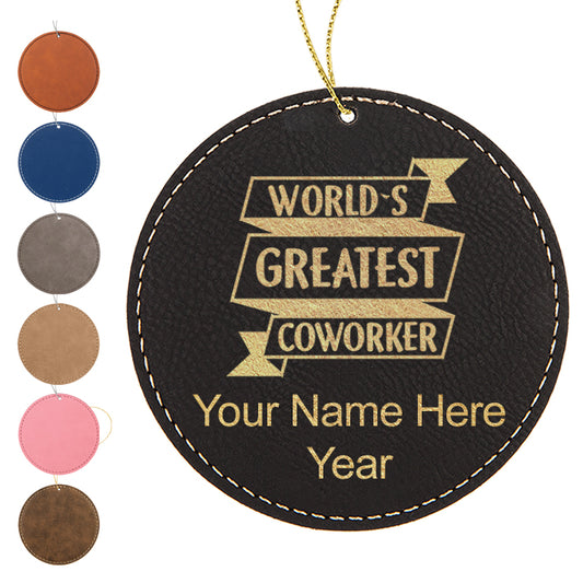 LaserGram Christmas Ornament, World's Greatest Coworker, Personalized Engraving Included (Faux Leather, Round Shape)