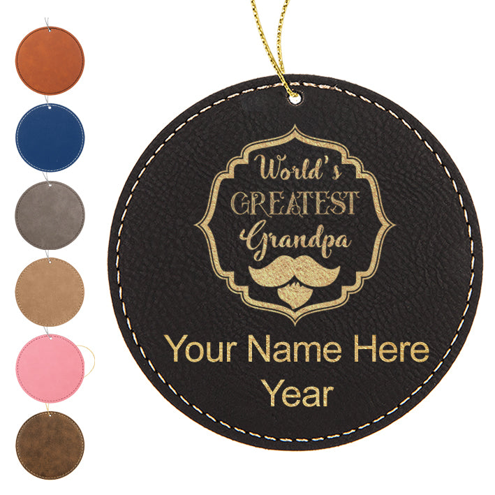 LaserGram Christmas Ornament, World's Greatest Grandpa, Personalized Engraving Included (Faux Leather, Round Shape)