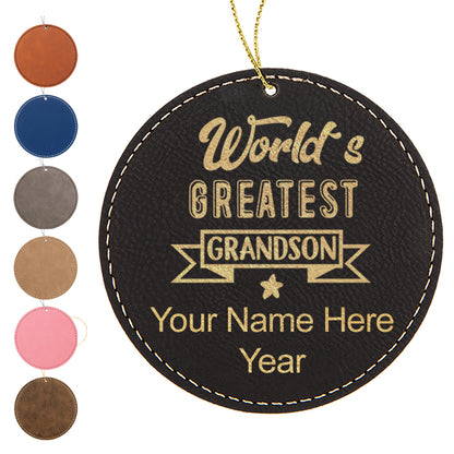 LaserGram Christmas Ornament, World's Greatest Grandson, Personalized Engraving Included (Faux Leather, Round Shape)