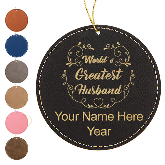 LaserGram Christmas Ornament, World's Greatest Husband, Personalized Engraving Included (Faux Leather, Round Shape)