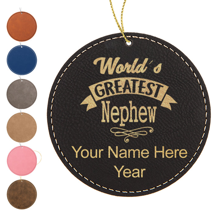 LaserGram Christmas Ornament, World's Greatest Nephew, Personalized Engraving Included (Faux Leather, Round Shape)