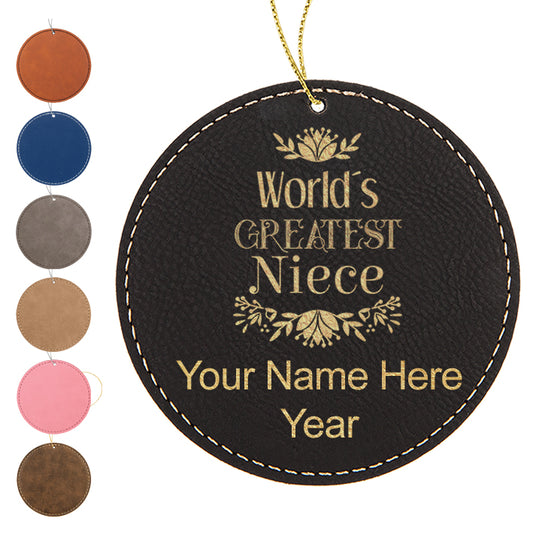 LaserGram Christmas Ornament, World's Greatest Niece, Personalized Engraving Included (Faux Leather, Round Shape)