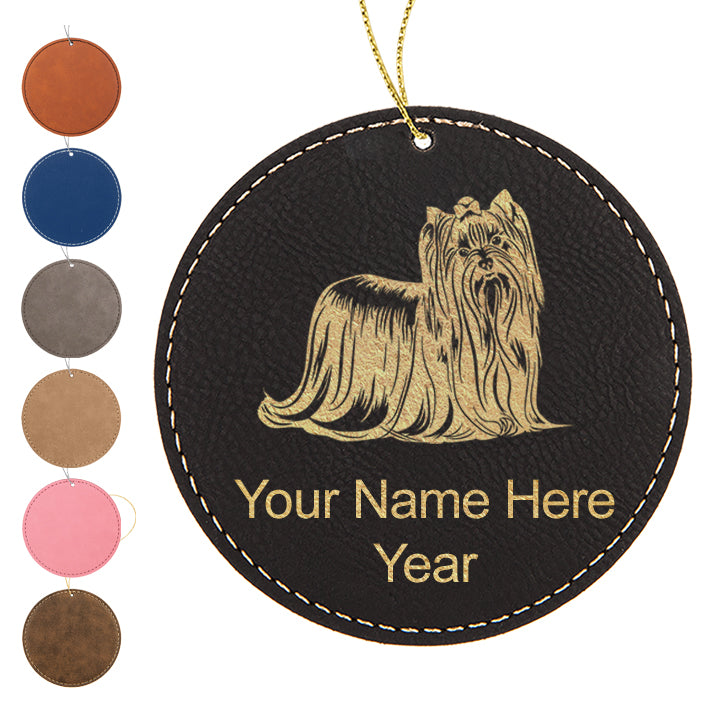 LaserGram Christmas Ornament, Yorkshire Terrier Dog, Personalized Engraving Included (Faux Leather, Round Shape)