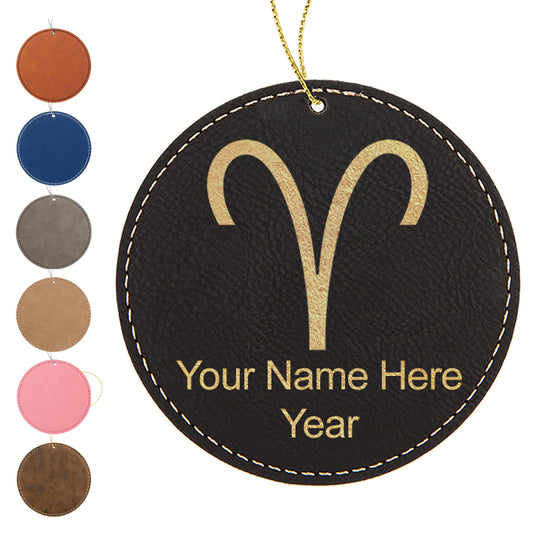 LaserGram Christmas Ornament, Zodiac Sign Aries, Personalized Engraving Included (Faux Leather, Round Shape)