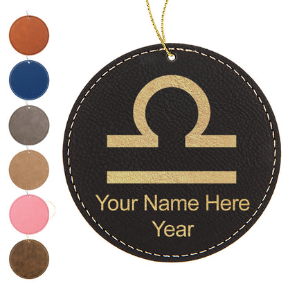 LaserGram Christmas Ornament, Zodiac Sign Libra, Personalized Engraving Included (Faux Leather, Round Shape)